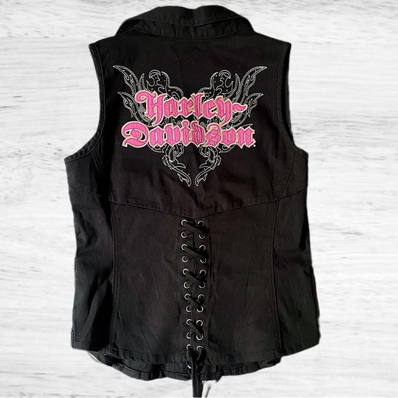 Harley-Davidson Y2K Zip-Up Corset Lace Vest Rhinestone Embroidered Pink Black- S - Picture 1 of 11